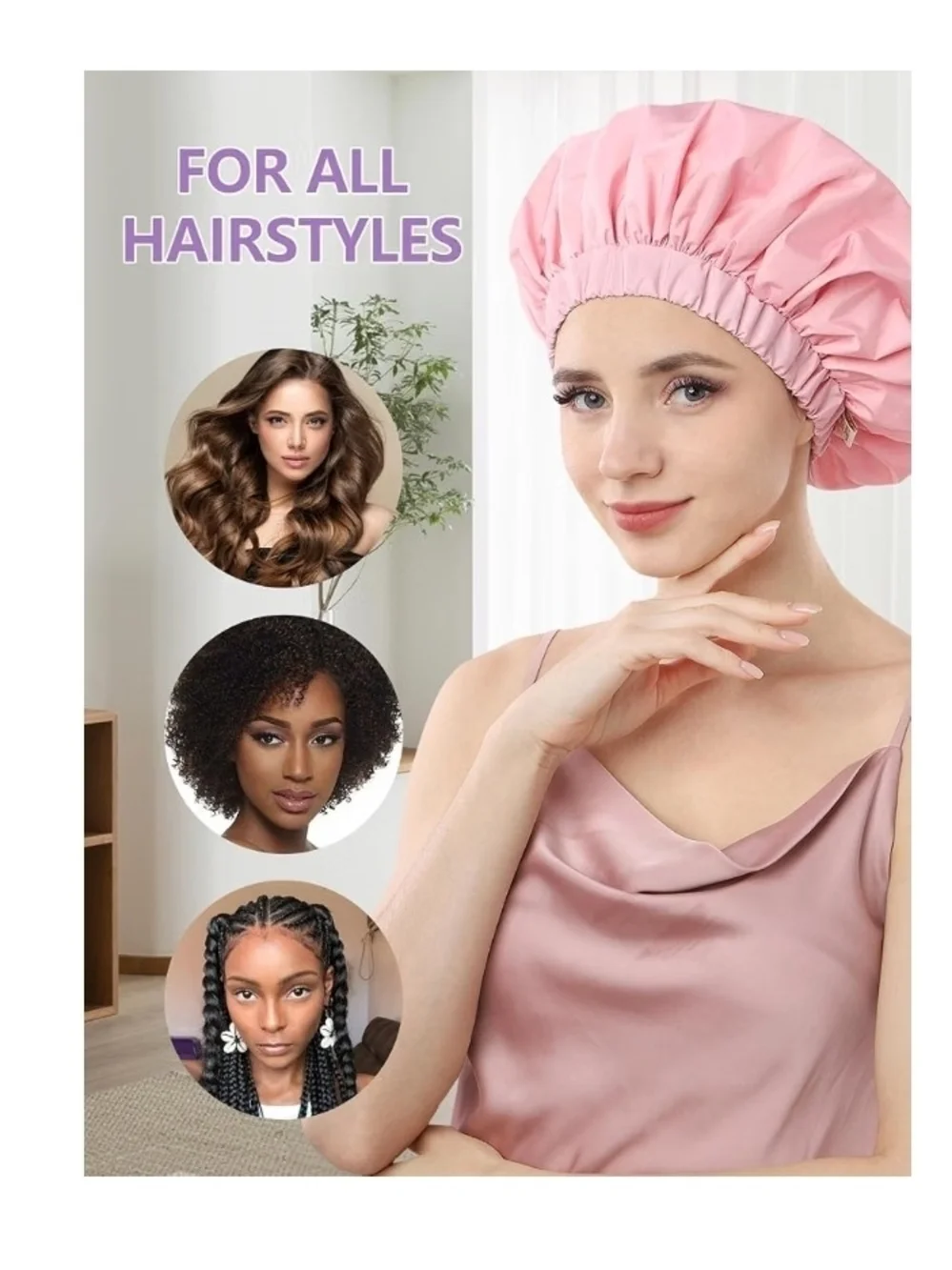 Pink Satin Shower Cap for Women - Waterproof Elastic Bonnet